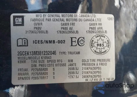 2008 Chevrolet Silverado 1500 Lt1/Lt2/Ltz/Work Truck z USA, uszkodzony, nr VIN 2GCEK13M381232046